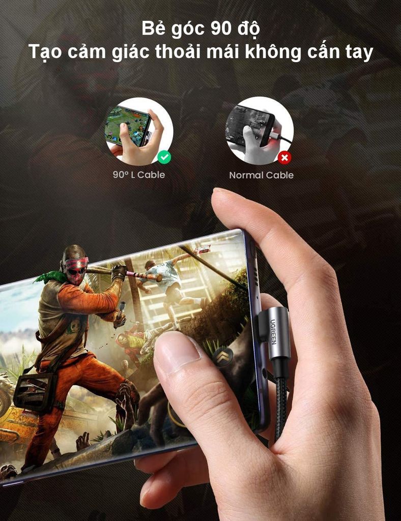 Cáp sạc nhanh PD60W UGREEN US255 – Đầu bẻ vuông góc, sạc nhanh QC 3.0 dòng 3A