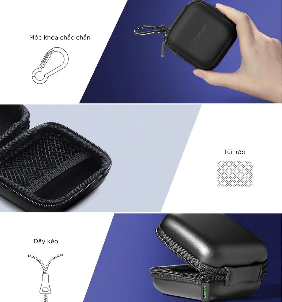Hộp đựng phụ kiện UGREEN 40816 – Chống sốc chống nước, dây kéo kèm móc khóa bền bỉ