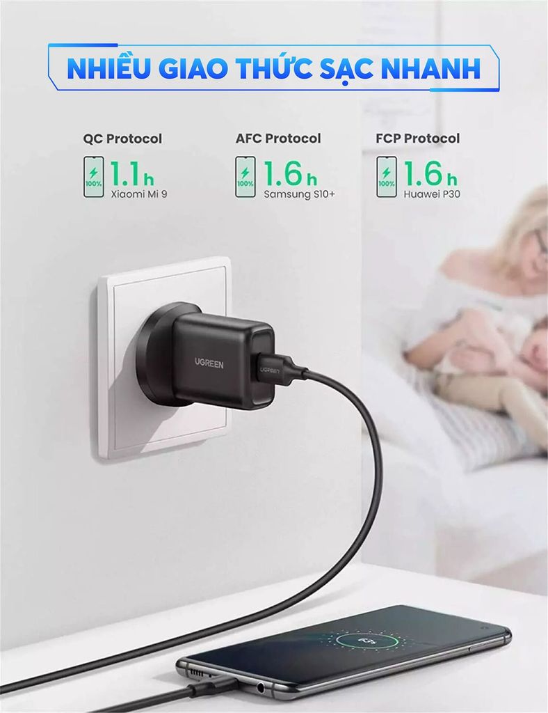Củ sạc nhanh UGREEN CD122 – Sạc nhanh QC 3.0 18W kèm cổng nối đất