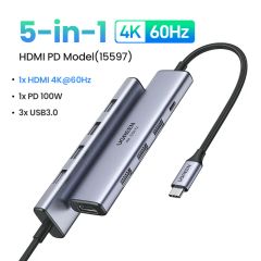 Hub USB-C Ugreen 15597 sạc nhanh 100W, HDMI 4K@60Hz 3 cổng USB-A 3.0, HDM, USB-C