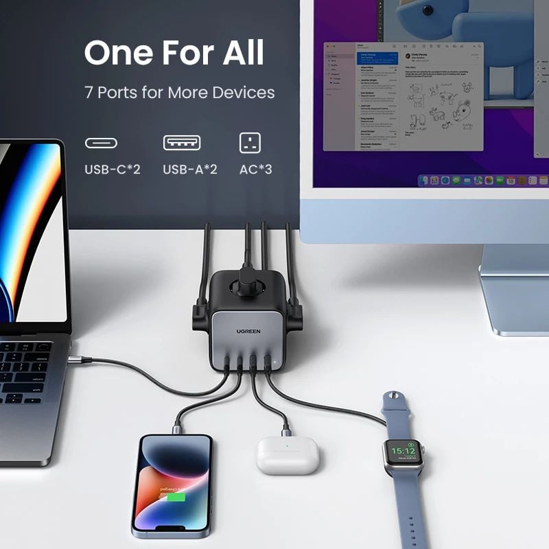 Ổ cắm điện đa năng UGREEN C268 trạm sạc để bàn 65W 2 USB-C, 2 USB-A
