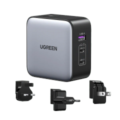 Bộ Sạc Ugreen 65W Nexode GaN CD296  3 Cổng USB-C và Đầu Cắm US/UK/EU cho Du Lịch