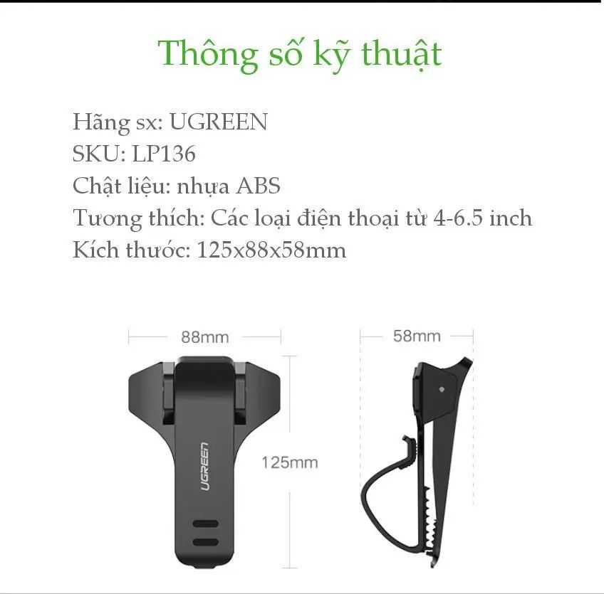 Kẹp giữ điện thoại UGREEN LP136 Sử dụng trên ô tô cho, tương thích điện thoại kích thước từ 4 đến 6.5 inch – Hãng phân phối chính hãng