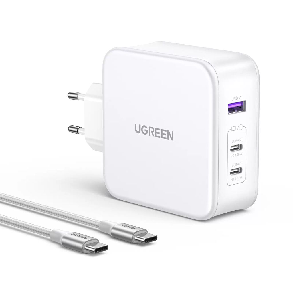 Sạc nhanh 140W chân tròn Ugreen CD289 công nghệ GaN 2xUSB-C, 1xUSB-A, kèm dây sạc
