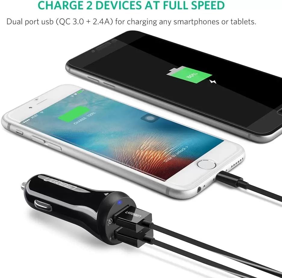 Tẩu sạc nhanh ô tô 2 cổng UGREEN CD114 sạc nhanh 3A