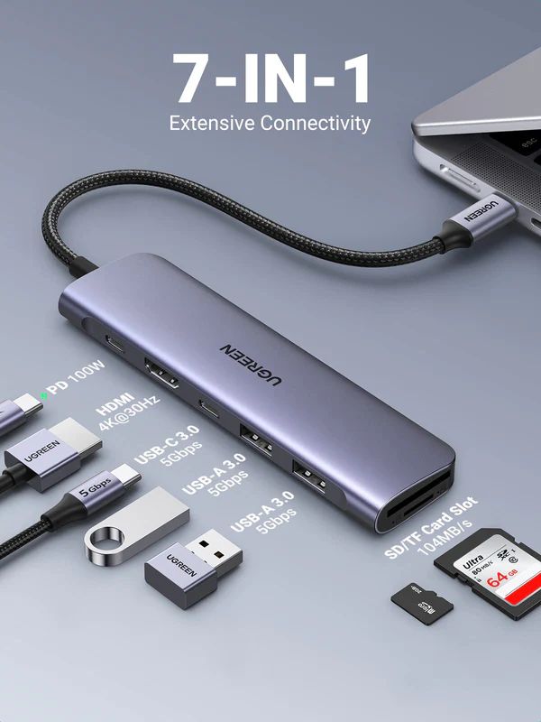 Hub Type-C 7 cổng Ugreen 15214, 2xUSB-A 3.0 +USB-C+HDMI 4K@30Hz + PD 100W