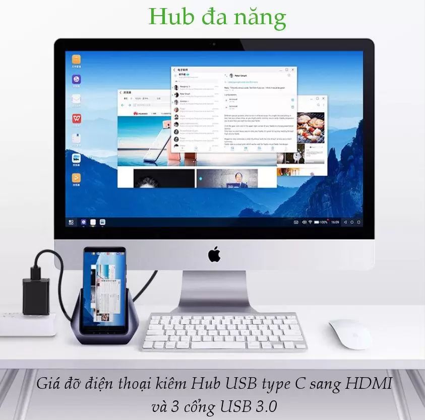 Hub Type C UGREEN CM181 – Mở rộng sang 3 cổng USB 3.0, HDMI, hỗ trợ PD, kiêm chức năng giá đỡ, cốc sạc cho điện thoại thông minh