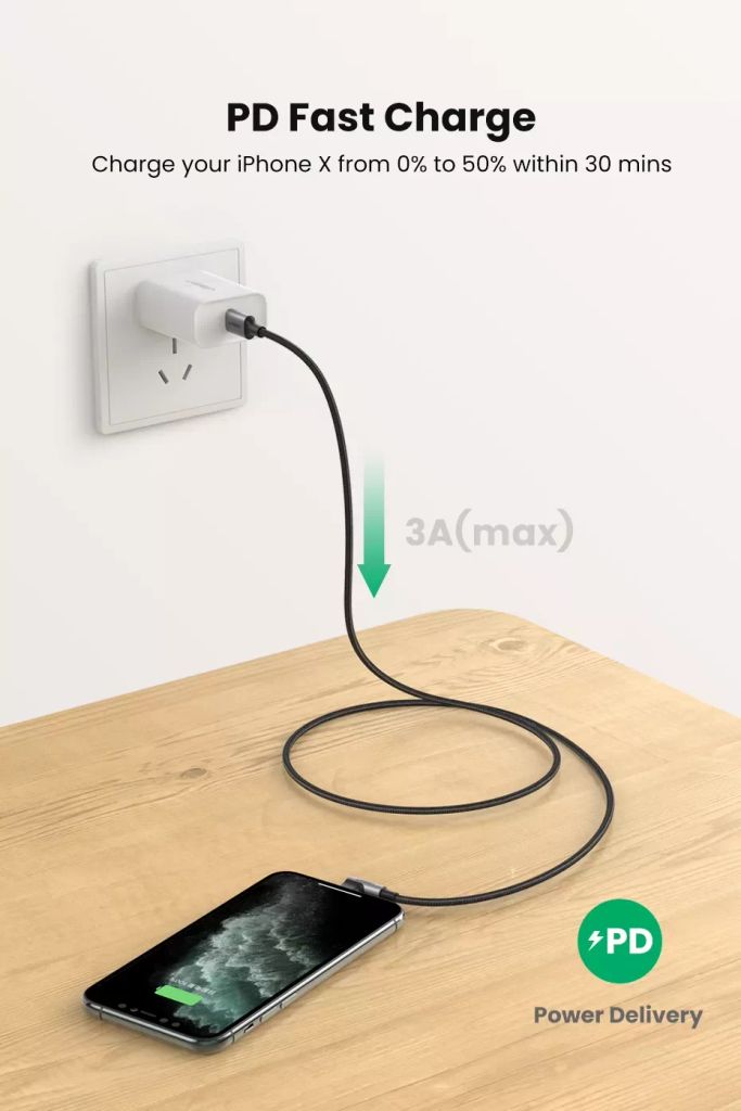 Dây cáp sạc nhanh Lightning type C Ugreen US305 US vuông góc