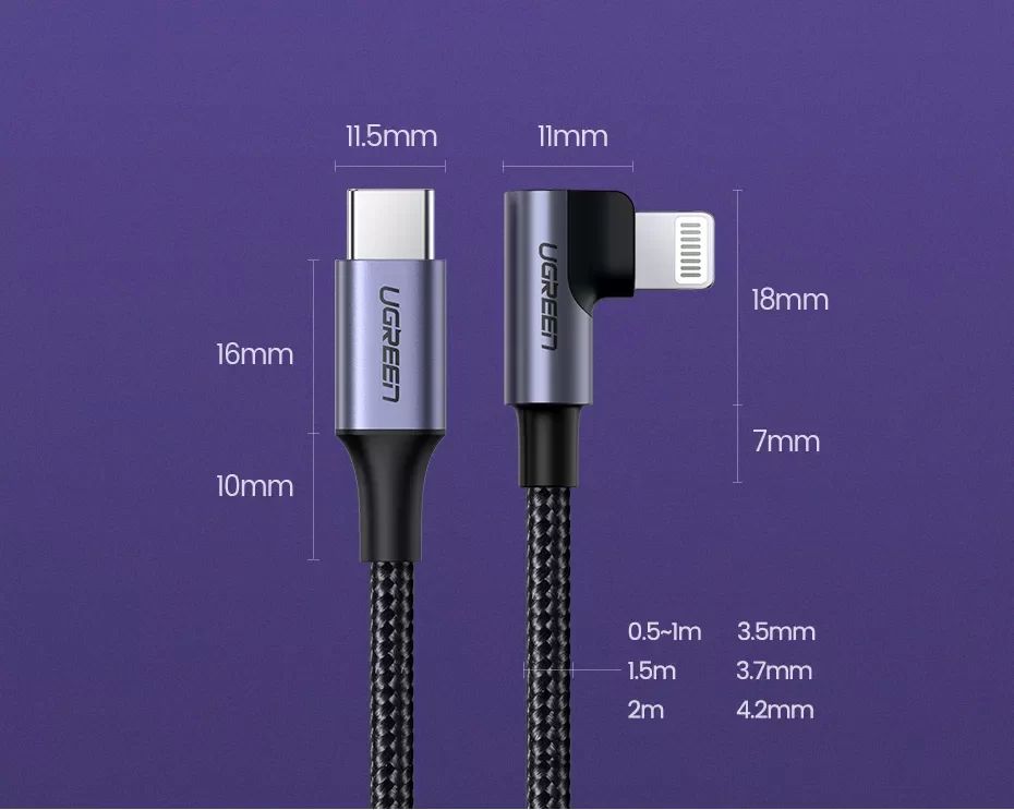 Dây cáp sạc nhanh Lightning type C Ugreen US305 US vuông góc