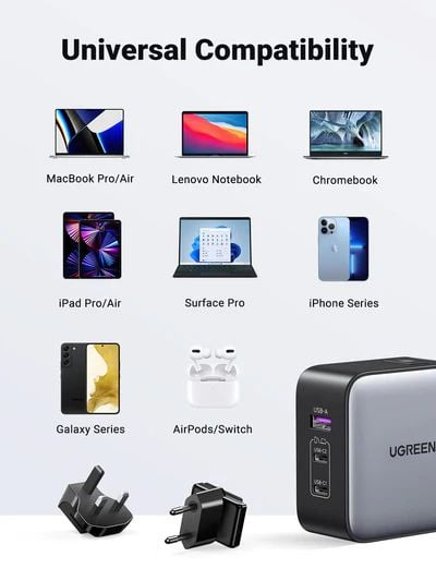 Bộ Sạc Ugreen 65W Nexode GaN CD296  3 Cổng USB-C và Đầu Cắm US/UK/EU cho Du Lịch