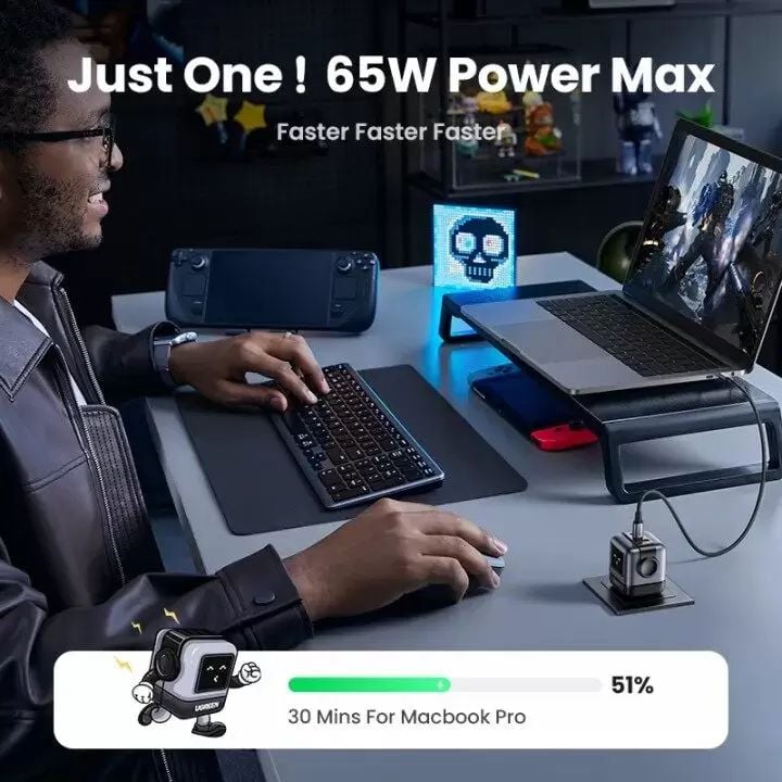 Củ sạc nhanh 65W RoboGaN Mini Ugreen CD361 sạc nhanh 65W, chân dẹt