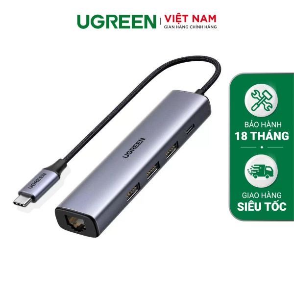 Hub chuyển đổi UGREEN 60554 Chuyển 5 in 1 USB Type-A ra Lan 1000Mbps Kèm HUB 3 Cổng USB 3.0 – Hàng Chính Hãng