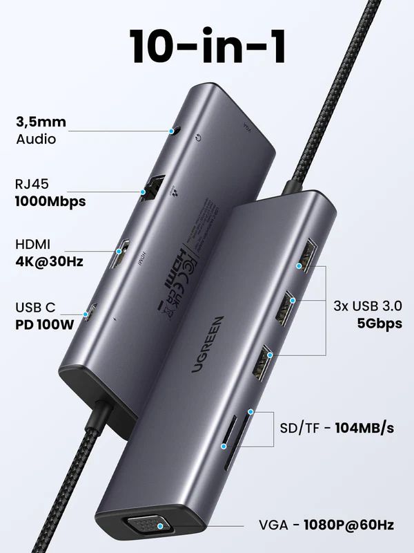 HUB chuyển đổi Type C Ugreen 15601 USB-C sang 3xUSB-A 3.0 + HDMI + VGA+ RJ45(LAN) + SD/TF +3.5mm+PD 4K30Hz