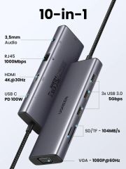 HUB chuyển đổi Type C Ugreen 15601 USB-C sang 3xUSB-A 3.0 + HDMI + VGA+ RJ45(LAN) + SD/TF +3.5mm+PD 4K30Hz
