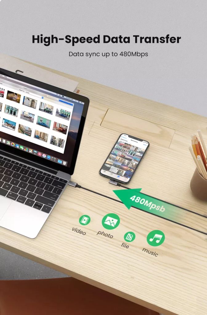 Dây cáp sạc nhanh Lightning type C Ugreen US305 US vuông góc