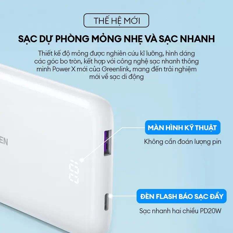 Pin sạc dự phòng UGREEN PB200 10000mAh Cổng sạc 2 chiều PD20W+20W, Sạc nhanh thông minh Power X, pin ATL