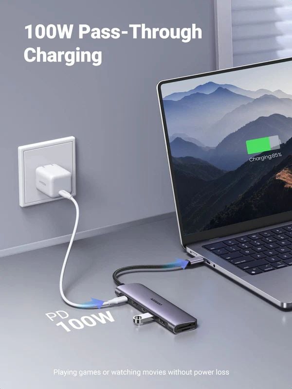 Hub Type-C 7 cổng Ugreen 15214, 2xUSB-A 3.0 +USB-C+HDMI 4K@30Hz + PD 100W