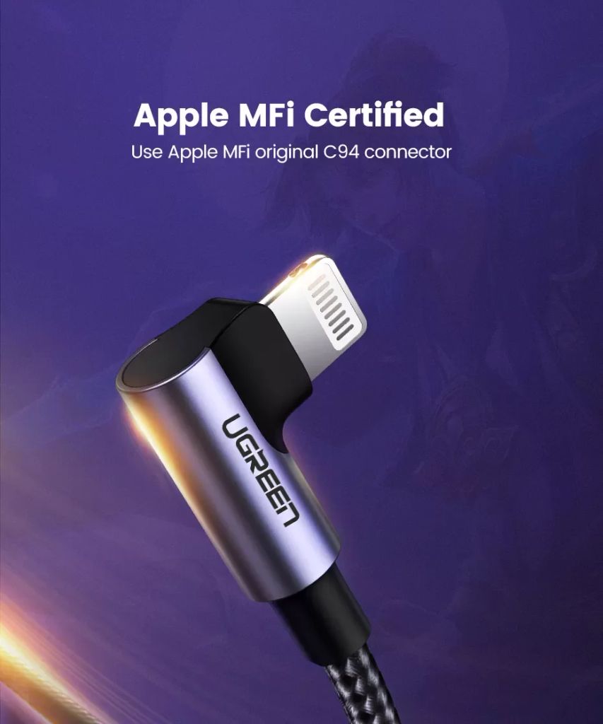 Dây cáp sạc nhanh Lightning type C Ugreen US305 US vuông góc