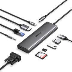 HUB chuyển đổi Type C Ugreen 15601 USB-C sang 3xUSB-A 3.0 + HDMI + VGA+ RJ45(LAN) + SD/TF +3.5mm+PD 4K30Hz
