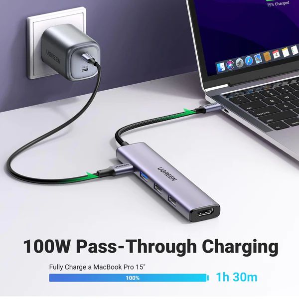 Hub chuyển đổi Type C Ugreen 15495 HDMI 4K@30Hz, USB 2.0, USB 3.0, Sạc PD 100W