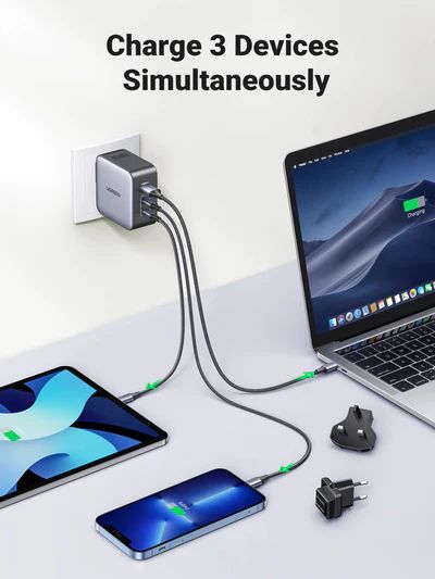 Bộ Sạc Ugreen 65W Nexode GaN CD296  3 Cổng USB-C và Đầu Cắm US/UK/EU cho Du Lịch