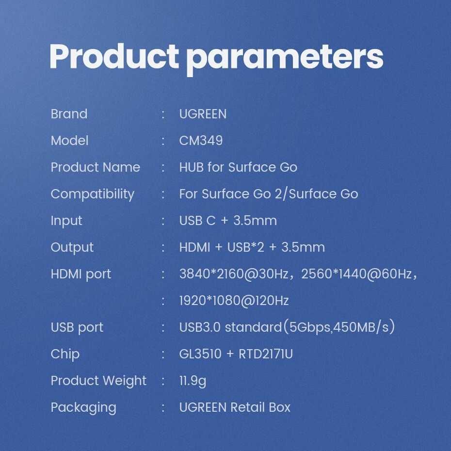 Bộ chuyển đổi Surface Go UGREEN CM349 Chuyển Type-C sang HDMI/Hub USB 3.0/Audio 3.5mm