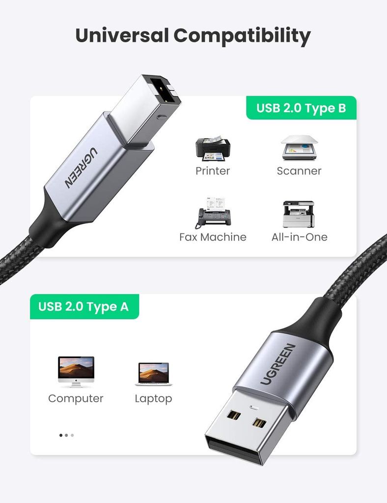 Cáp máy in USB A sang USB B UGREEN US369 – Tốc độ truyền tải 480Mbps – Sử dụng rộng rãi cho máy Fax máy in…