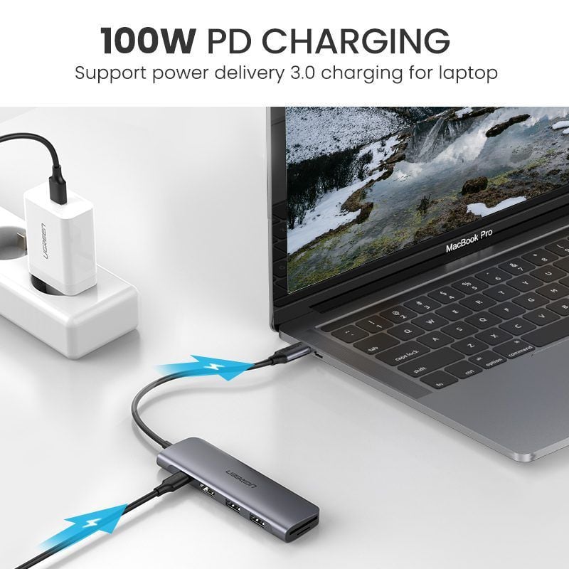 Bộ chuyển đổi Type C sang HDMI, USB 3.0, đọc thẻ SD/TF, hỗ trợ sạc PD Ugreen 70411