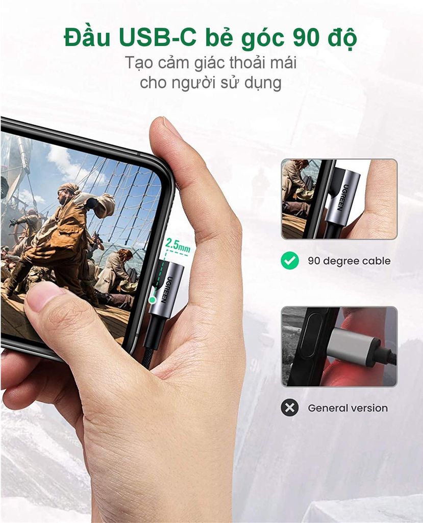 Dây chuyển Type C sang 3.5mm UGREEN AV167 – Đầu vuông góc chống gập gãy – Truyền tải âm thanh chất lượng cao