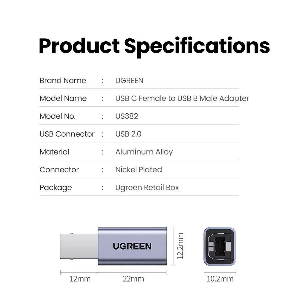 Đầu chuyển Type C sang cổng máy in USB B UGREEN US382 – Tốc độ truyền 480Mbs
