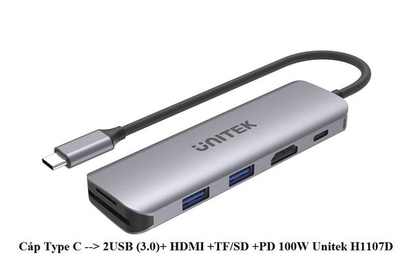 CÁP CHUYỂN TYPE-C RA 2 USB 3.0 + HDMI + TF/SD + PD 100W UNITEK H1107D