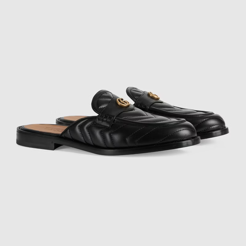  Giày Nam Gucci Matelassé Slipper With Double G Chevron Leather 'Black' 