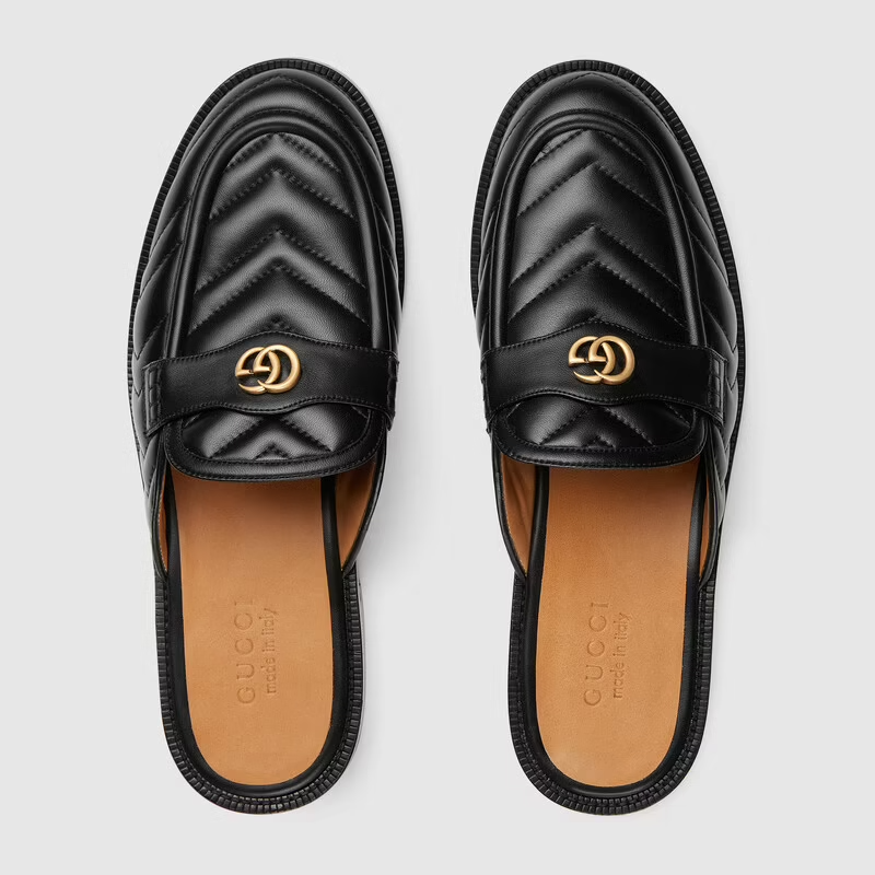  Giày Nam Gucci Matelassé Slipper With Double G Chevron Leather 'Black' 