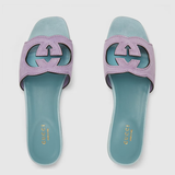  Dép Nữ Gucci Interlocking G Slide Sandal 'Light Blue And Lilac Suede' 