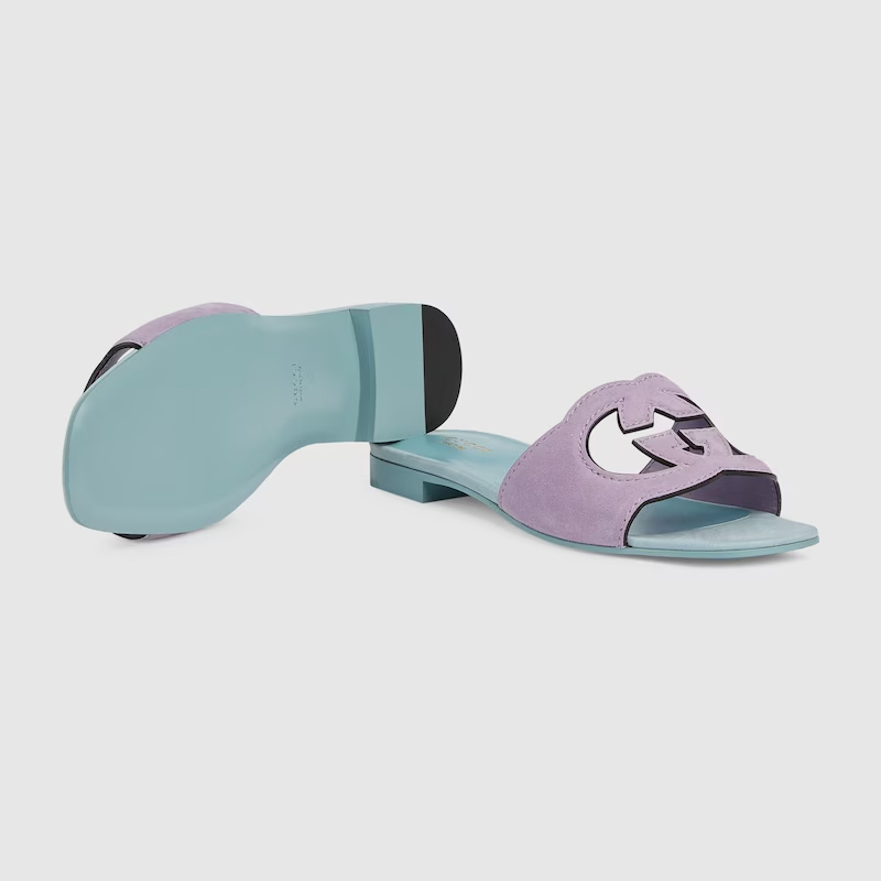  Dép Nữ Gucci Interlocking G Slide Sandal 'Light Blue And Lilac Suede' 