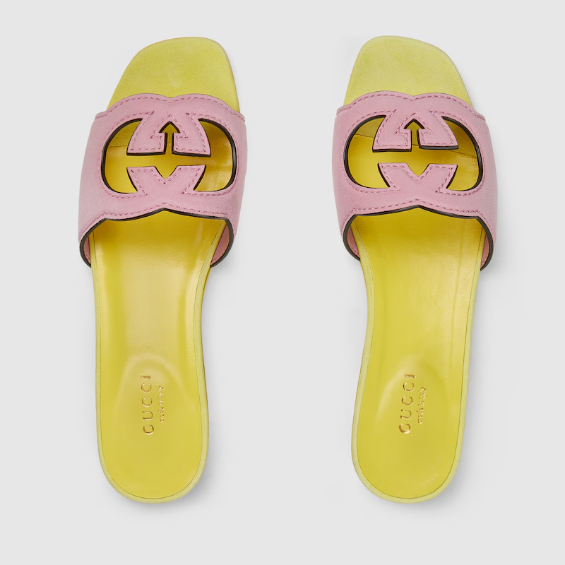  Dép Nữ Gucci Interlocking G Slide Sandal 'Pink And Yellow Suede' 