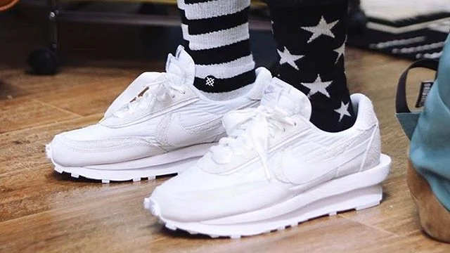 nike sacai white nylon on feet