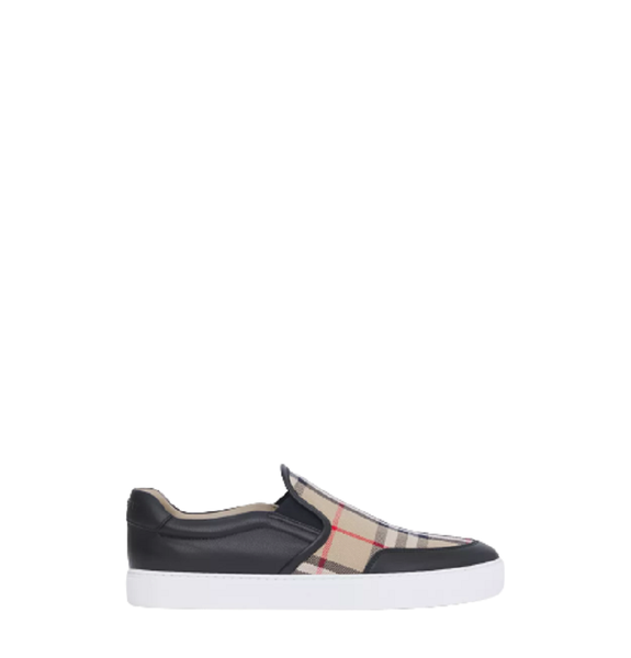  Giày Nữ Burberry Leather and Vintage Check Slip-on Sneakers 'Black Beige' 