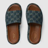  Dép Nữ Gucci Platform Slide Sandal 'Dark Blue' 