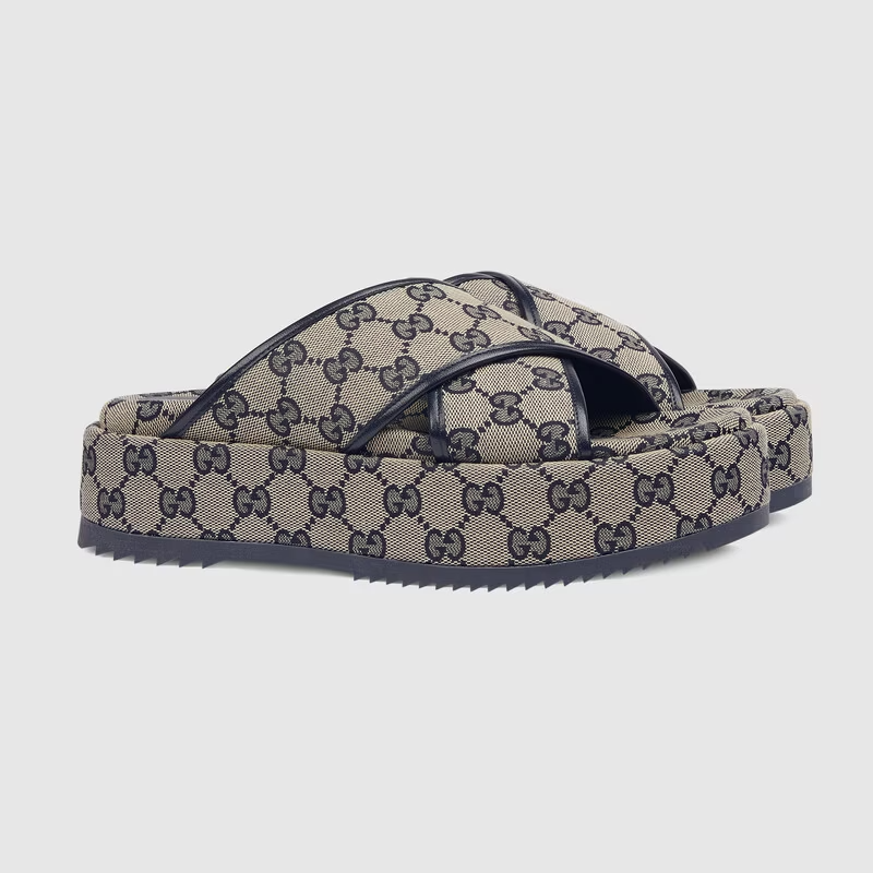  Dép Nữ Gucci GG Platform Slide Sandal 'Beige Blue' 