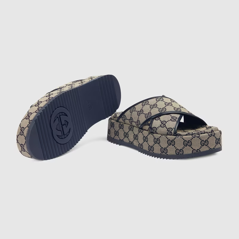  Dép Nữ Gucci GG Platform Slide Sandal 'Beige Blue' 