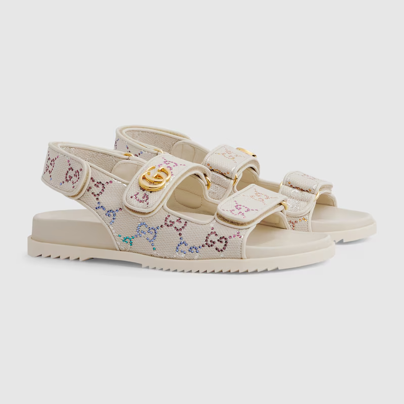  Dép Nữ Gucci Sandal Double G 'Ivory GG Crystal Canvas' ‎ 