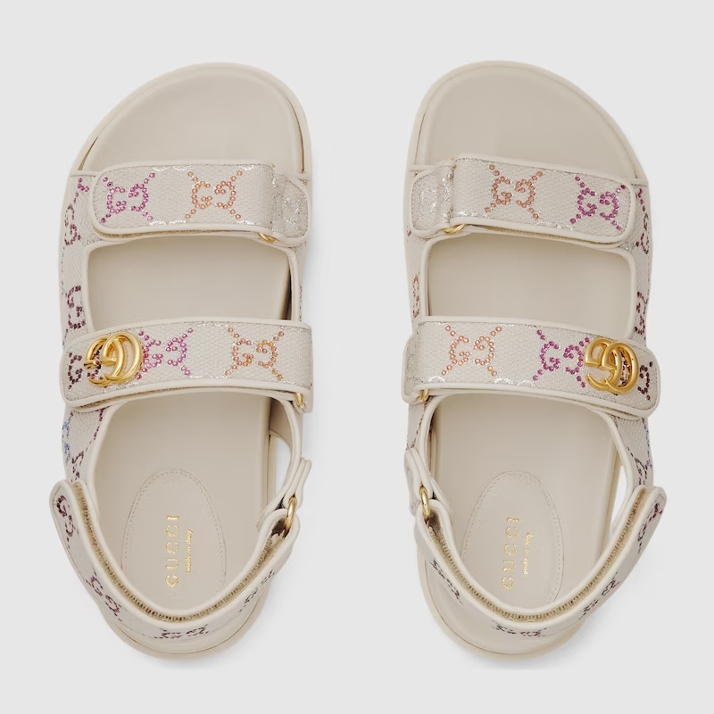  Dép Nữ Gucci Sandal Double G 'Ivory GG Crystal Canvas' ‎ 