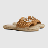  Dép Nữ Gucci Interlocking G Espadrille 'Beige viscose-effect raffia' 