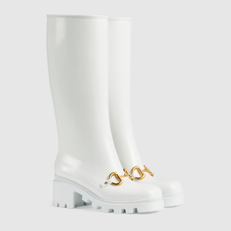  Giày Nữ Gucci Knee High Boot With Horsebit Rubber 'White' 