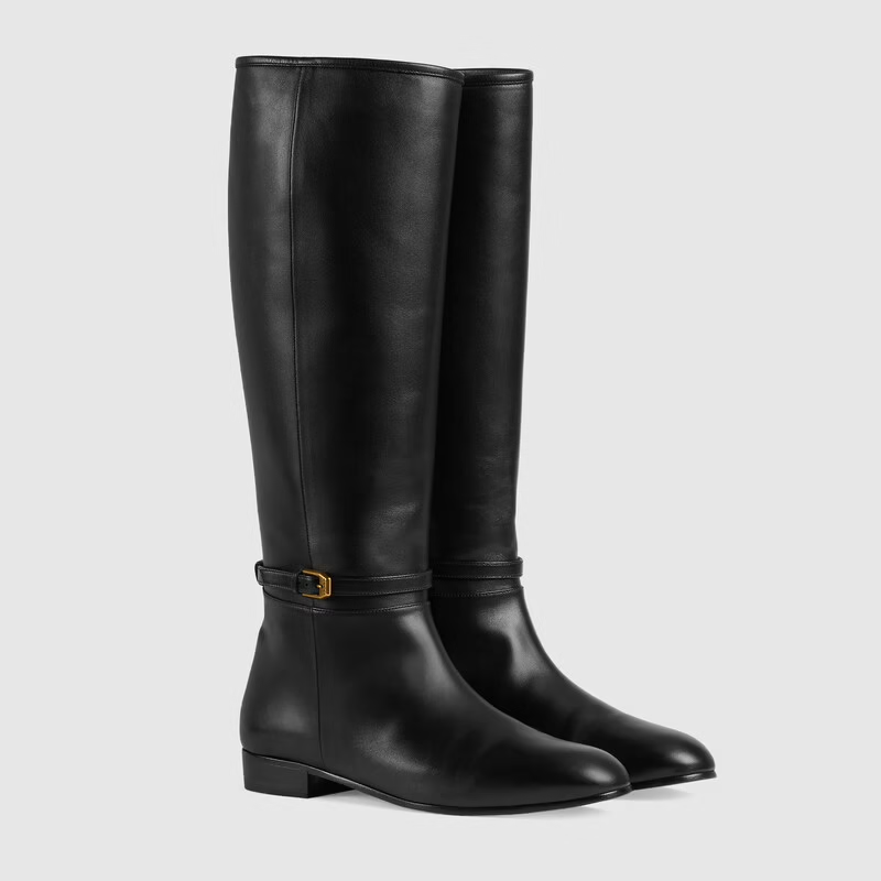  Giày Nữ Gucci Knee High Boot With Gucci Print Leather 'Black' 