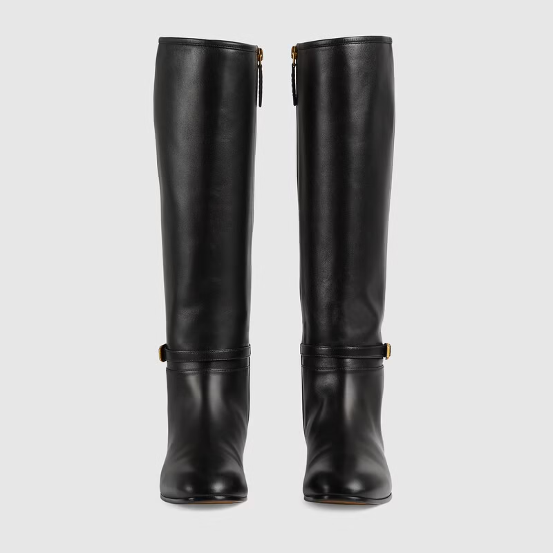  Giày Nữ Gucci Knee High Boot With Gucci Print Leather 'Black' 