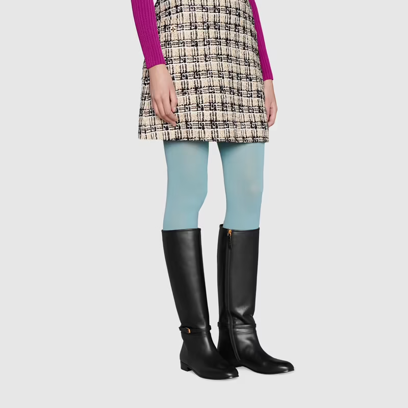  Giày Nữ Gucci Knee High Boot With Gucci Print Leather 'Black' 