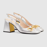 Giày Nữ Gucci Mid Heel Slingback With Horsebit Leather 'Silver Metallic' 