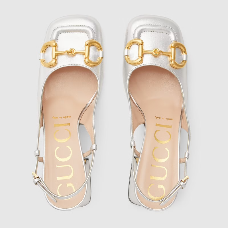  Giày Nữ Gucci Mid Heel Slingback With Horsebit Leather 'Silver Metallic' 